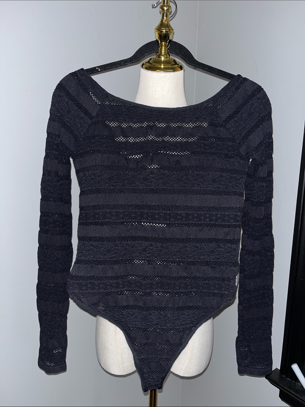 FP Movement by Free People Black Sheer Stripe Long-Sleeve Bodysuit